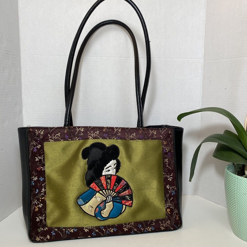 Geisha Shoulder Bag Jade Satin Embroidered Floral Black Leather Weekender Bueno - Picture 2 of 13